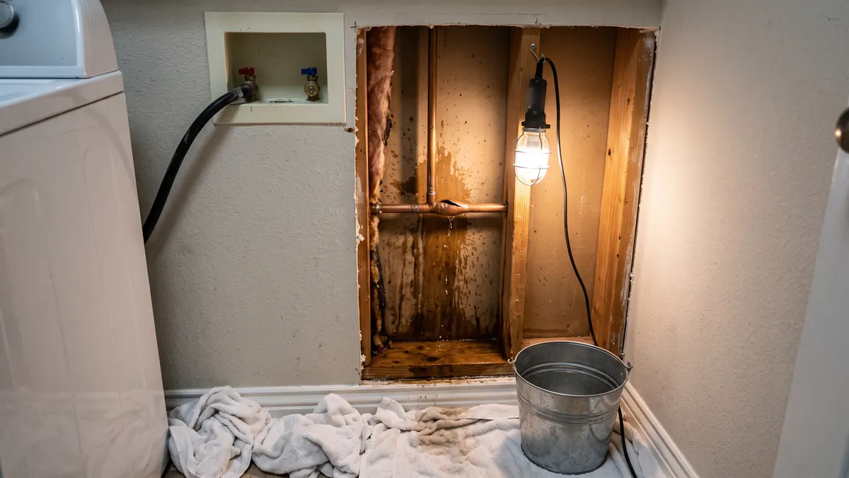 Opened laundry-room wall showing a split copper line with towels and bucket below