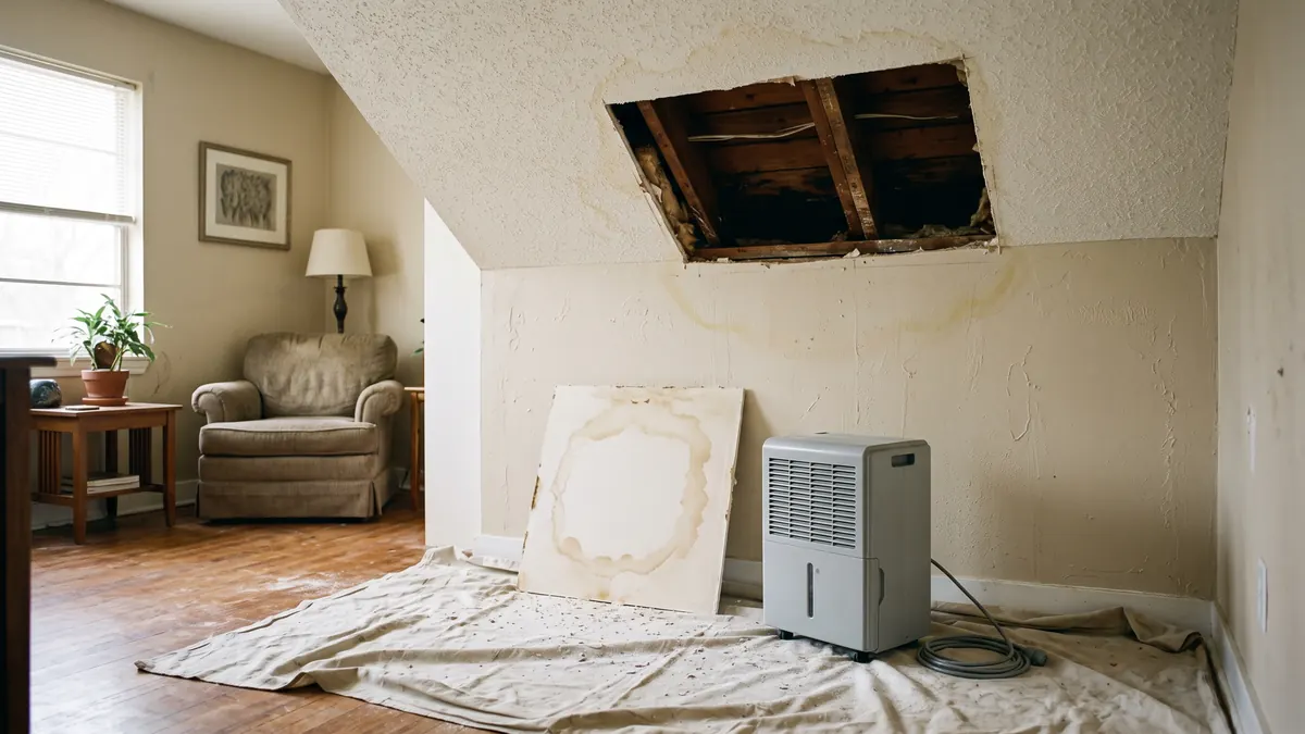 Cut-out ceiling section leaning on a drop cloth with a dehumidifier beside it