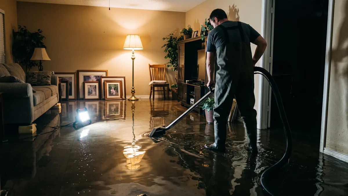 Technician pulling an extraction wand through standing water in a flooded den at night