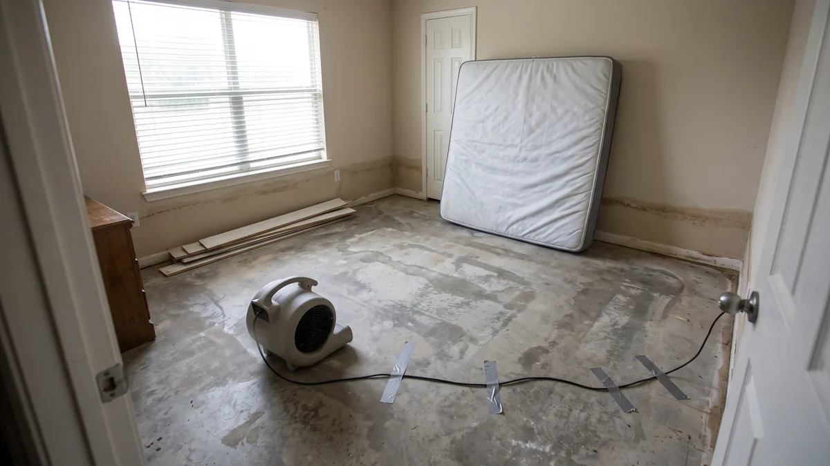 Stripped bedroom with waterline stain and air mover drying the slab after flooding