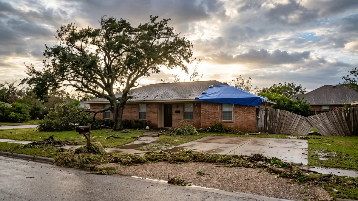 Tarped roof corner and leaning fence after a Gulf storm passed through